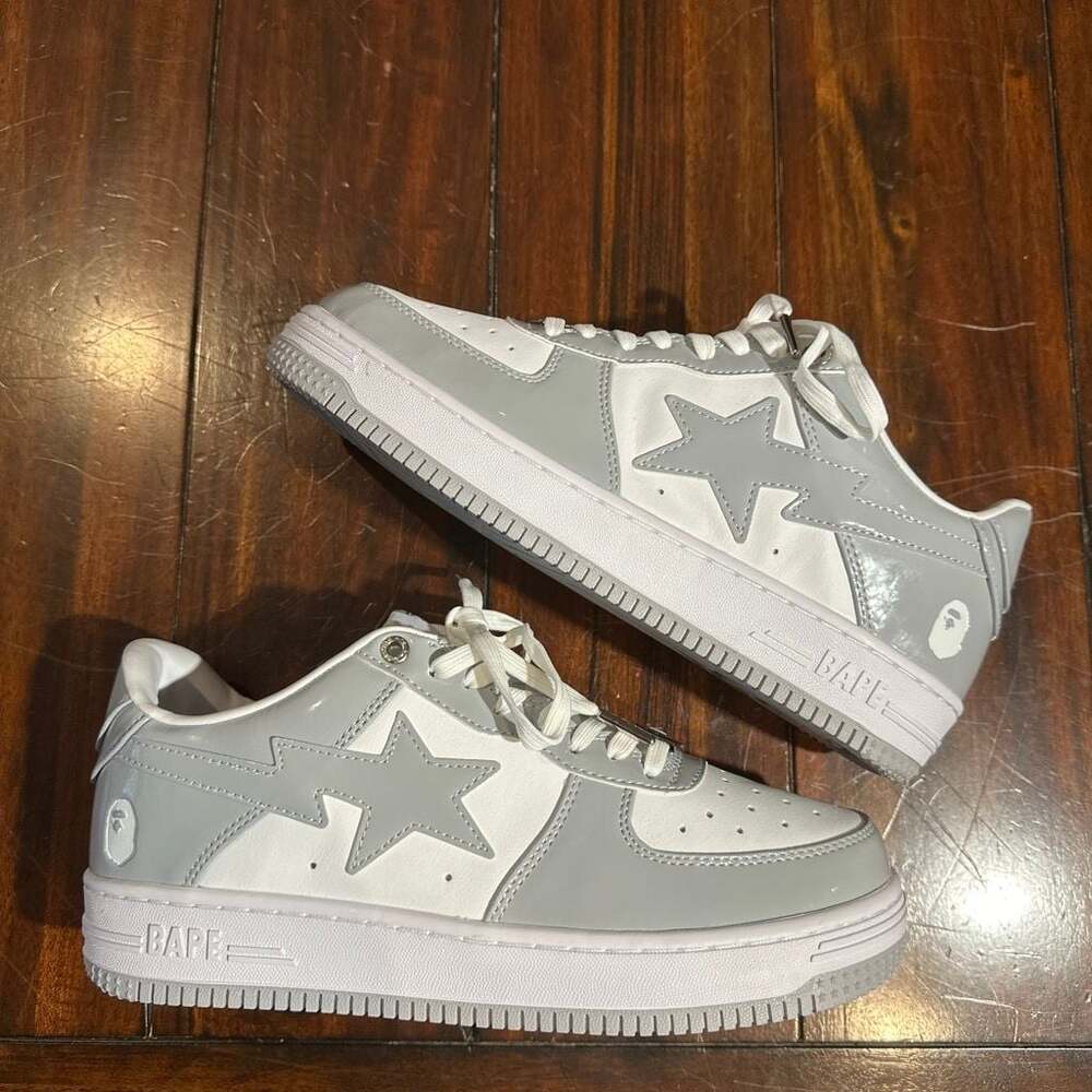 A Bathing Ape Bape Sta Low Light Grey White Patent Leather Sneakers